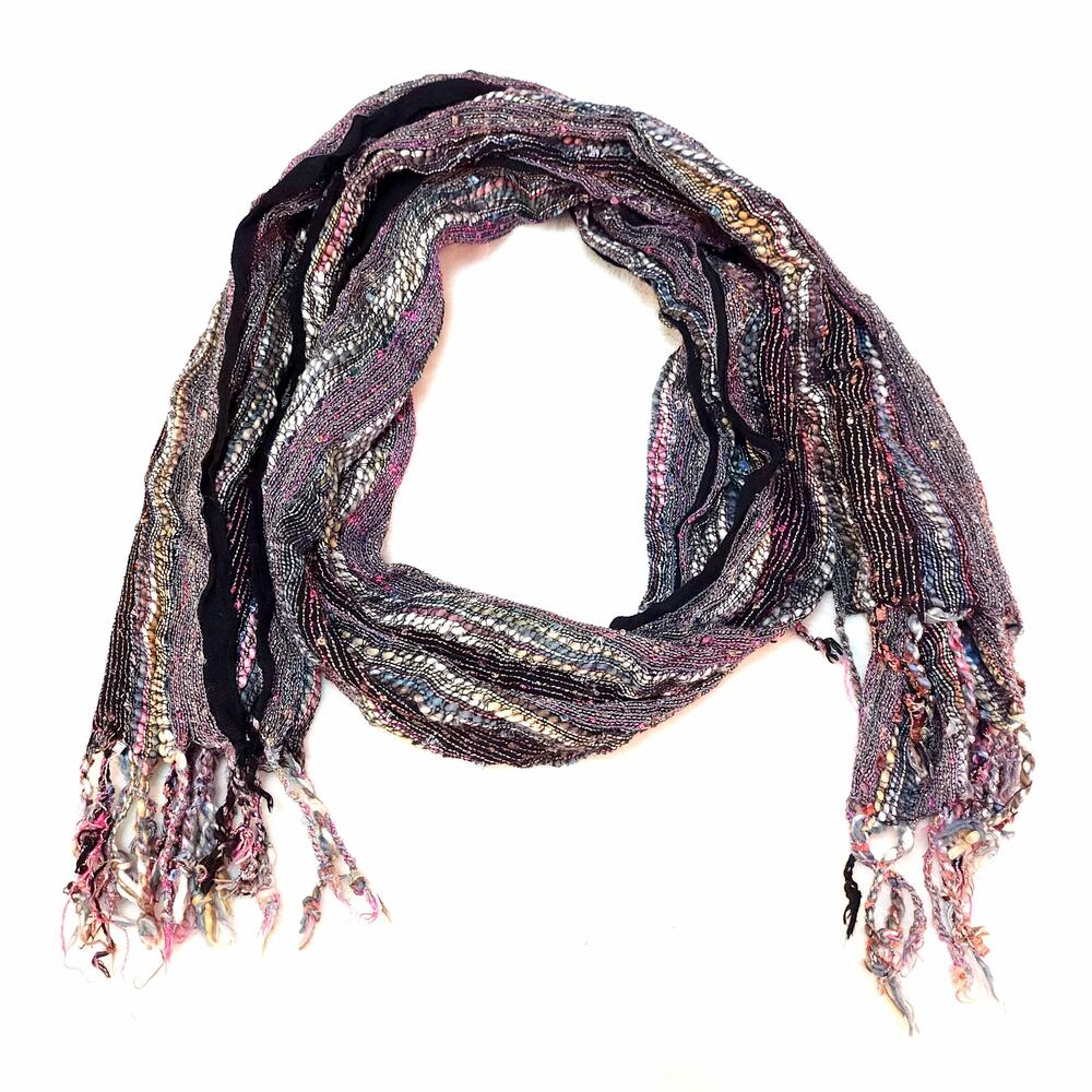 Whimsigoth Art To Wear Scarf Black Pink Fringe Striped Multicolor Textured